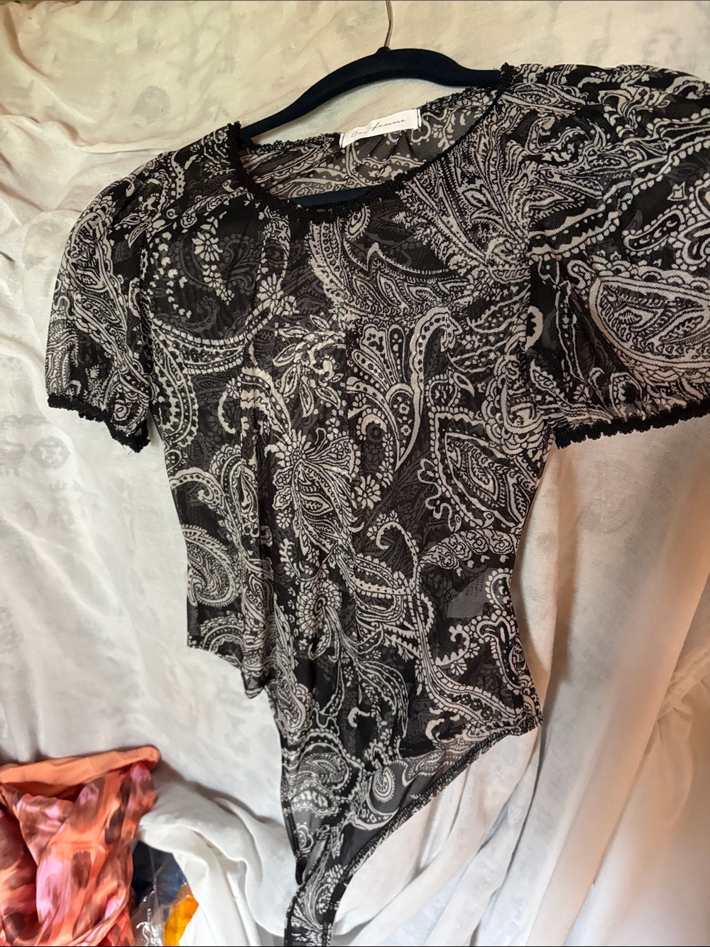 Sheer Black Paisley Short-Sleeve Bodysuit says L but more like a SMALL NEW!